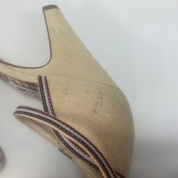 American Eagle Womens Heel Shoes 10 Canvas Peep Toe Ankle Strap Bows Plaid - Picture 10 of 16